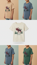 Pine forest kids' tee with moose illustration